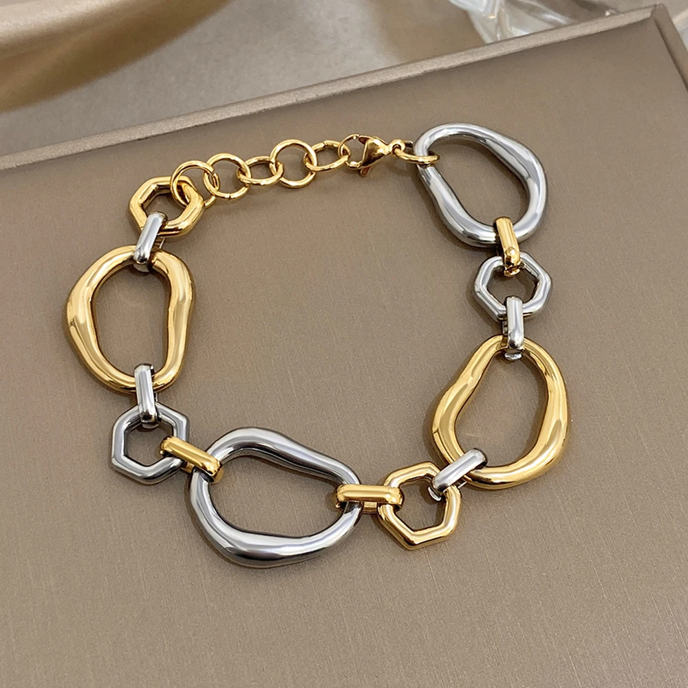 1pc Chunky Irregular Link Chain Stainless Steel Bracelet for Women Men Fashionable Simple Gold Plated Bracelets Wrist Jewelry