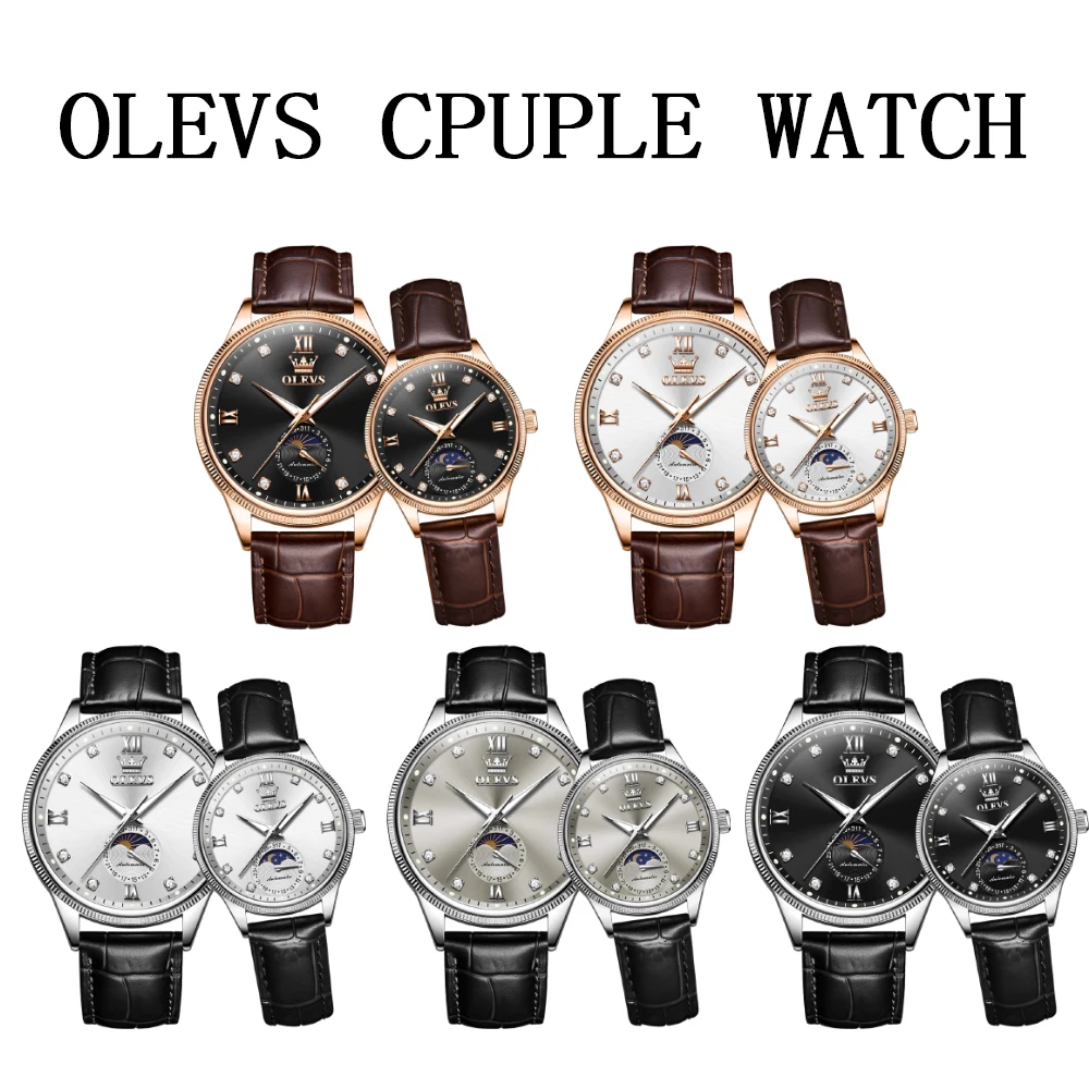 OLEVS Couple Watches Trend Fashion Original Quartz Automatic Mechanical Watch for Lover Waterproof Moon Phase Wristwatch Leather