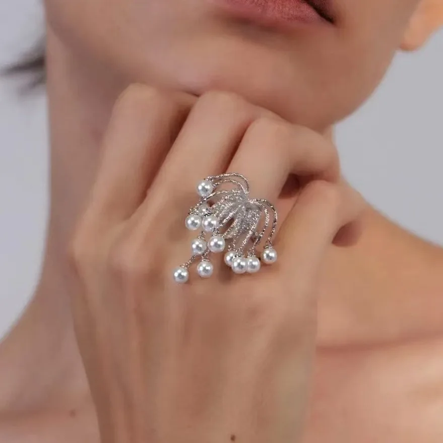 

French vintage fireworks stud earrings freshwater pearl tassel elegant adjustable ring jewelry accessory set