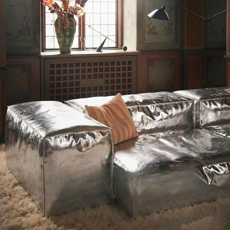 Minimalist designer niche studio silver pearlescent leather combination module sofa