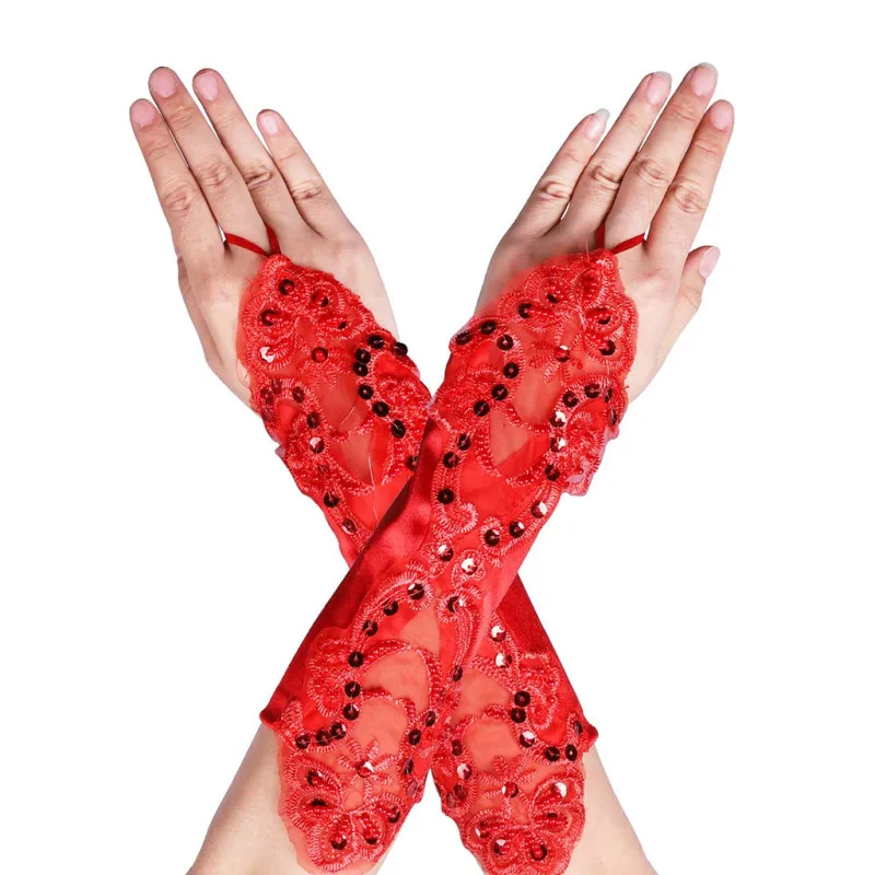 المرأة الساتان هوك إصبع أصابع قفازات ريترو ستايل أوبرا مرحلة الأداء آداب مرونة الدانتيل الترتر زفاف العروس