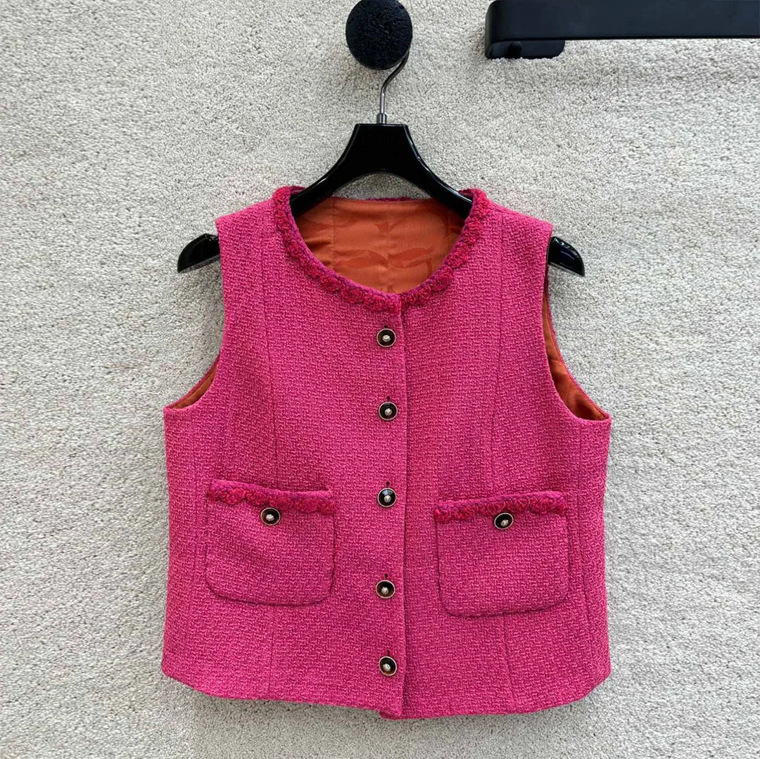 Bright Hot Pink Color Wool Blends Vest Women Jacket O-neck Sleeveless Single Breasted Pockets Short Design Vintage Tank Coat