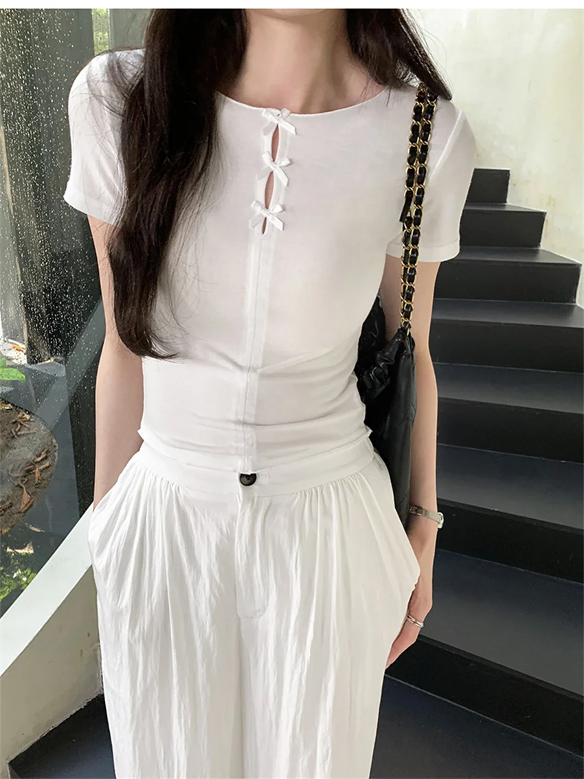 PLAMTEE Summer Skinny Bow T-Shirts Women Fashion Slim Short Sleeve Office Lady Casual All Match Sexy New Tees Solid Sweet Mujer