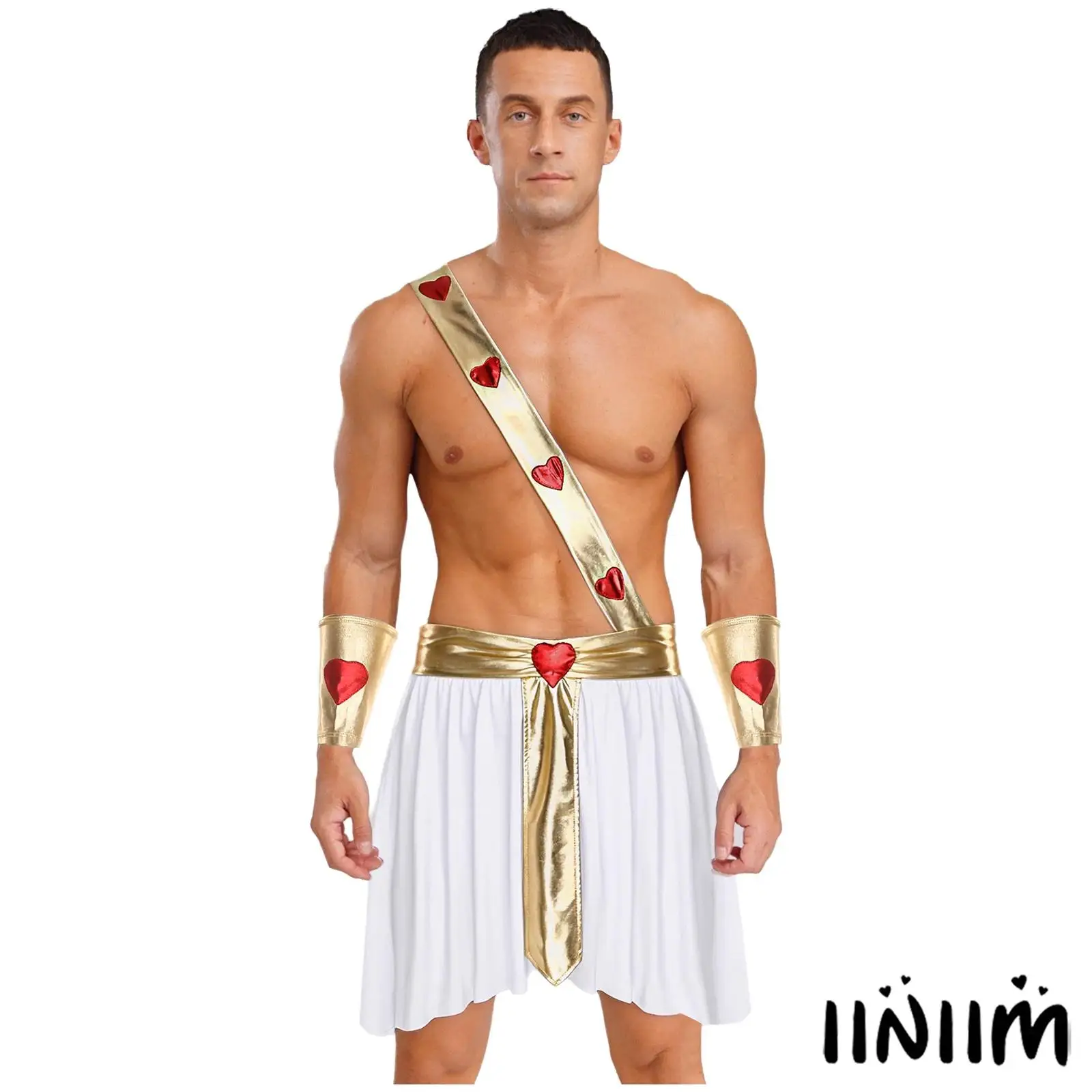 

Mythic Cupid Costume for Men Elastic Waist Heart Print Tunic Metallic Sash Cuffs Asymmetrical Skirt Valentine Halloween Garb