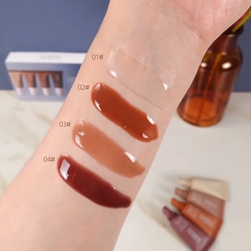 Sommer-Lippenglasur, 4 Stück, butterfeuchtend, langanhaltend, feuchtigkeitsspendend, zeigt guter Teint, einfach zu färben getönte Lippenbalsam-Set-Box