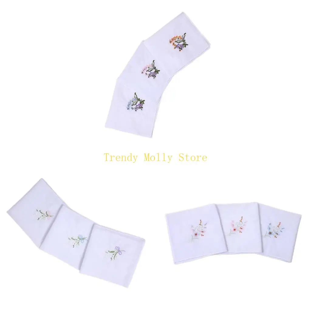 

N5KB 3PCS Женская вышивка цветочниковые платки карманные квадрат 28x28см карманные шарниры