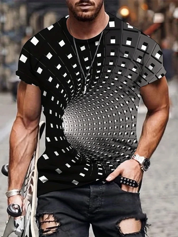 Men's 3D Vortex Optical Illusion T-Shirt Black Hole Tunnel Print Short Sleeve Crew Neck Tee Streetwear Casual Top Summer Fashion