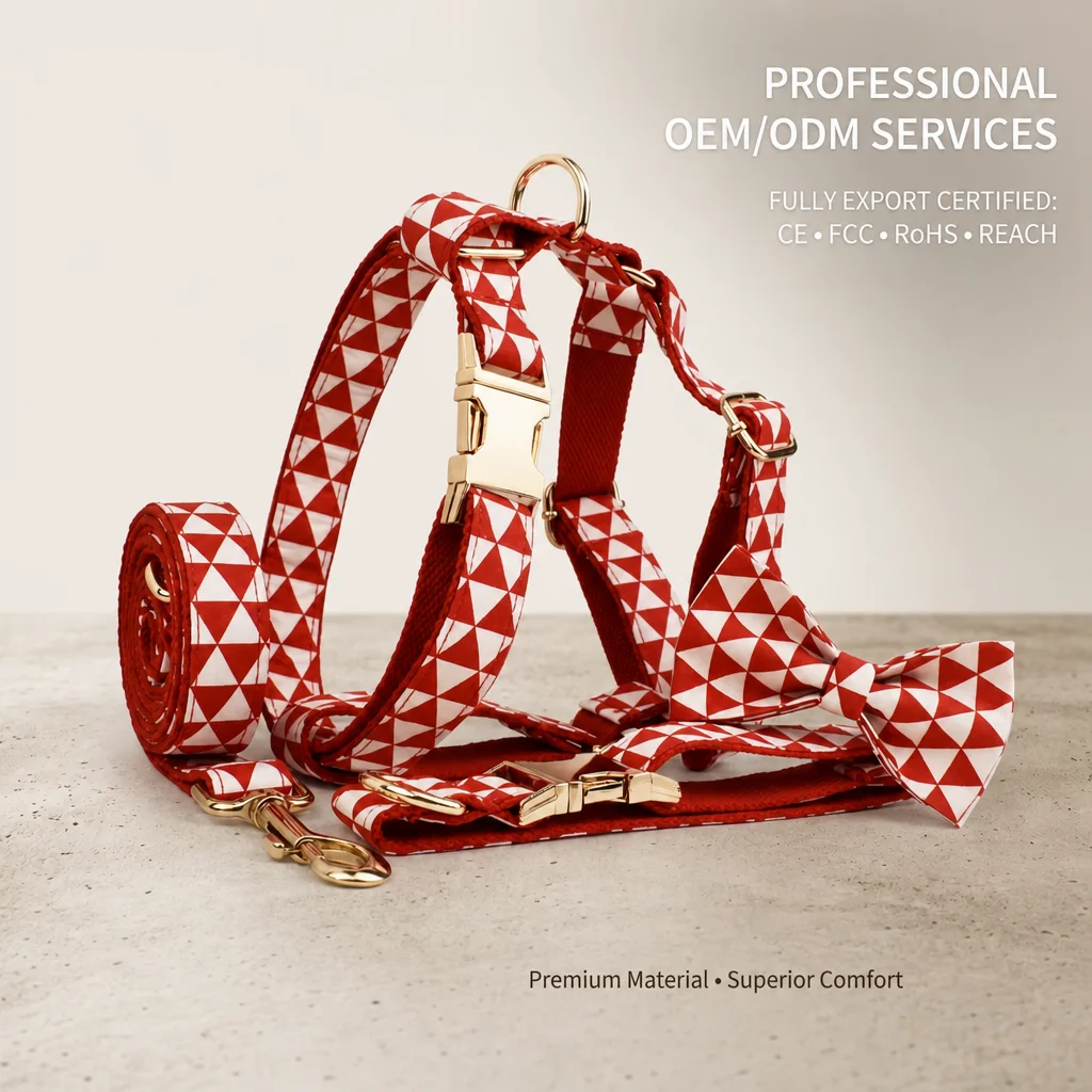 Personalized Dog Harness Set with Red Triangle Pattern Durable Eco-Friendly Polyester Fashion Festive Daily Pet Walking