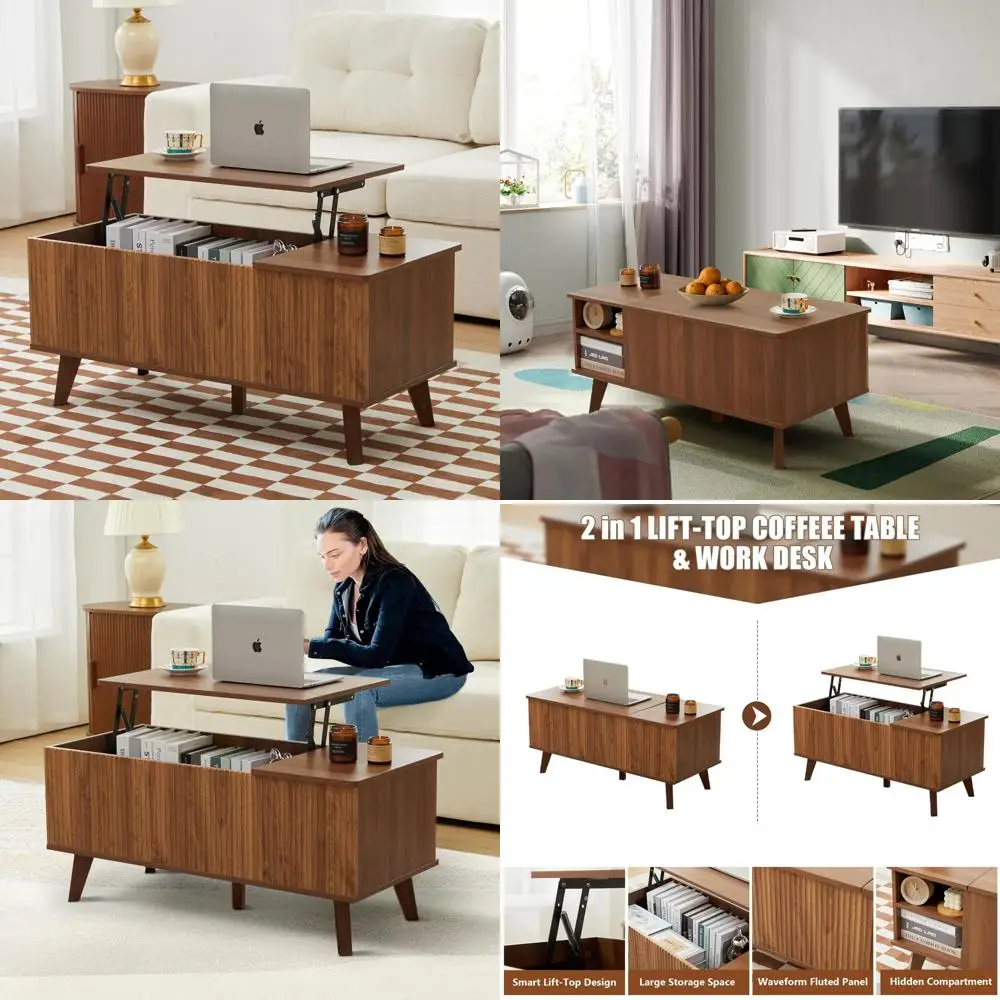 Mesa de centro moderna com tampo elevatório canelado e armazenamento oculto, mesa central retangular com prateleira ajustável