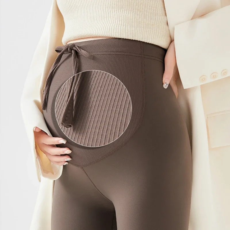 Autumn Winter Slim and Fashionable Outer Leggings for Pregnant Women Drawstring High Waist Ribbed Tummy Support Maternity Pants