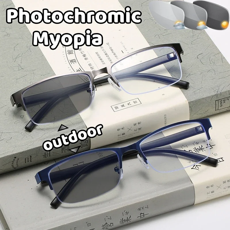 

Photochromic Business Myopia Glasses Half Frame Anti-blue Light Short Sight Eyewear Outdoor High Definition Near Sight Glasses