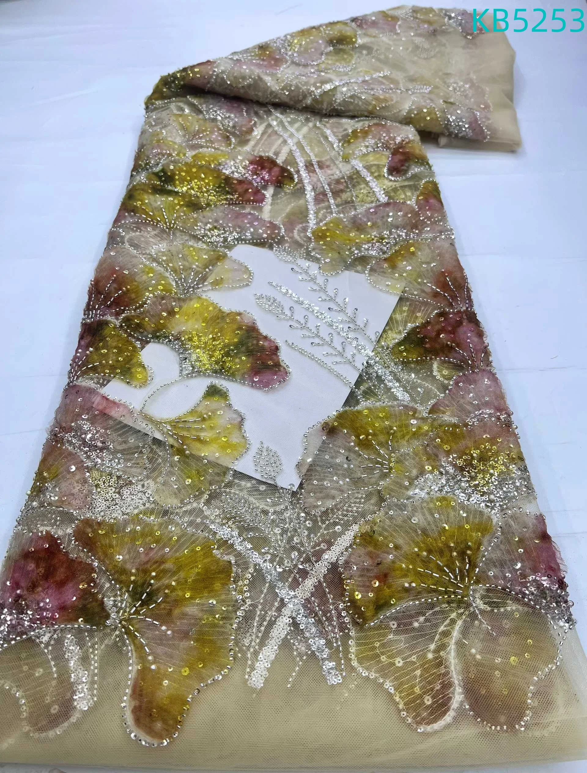 Beaded Lace Fabric African Lace Fabric 5 Yards High Quality 2025 Bridal Lace Fabric French Mesh With Sequence For Sewing KB5253