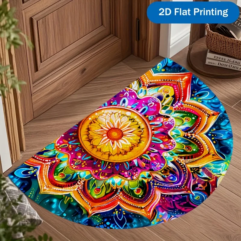 African Woven Basket Spiral Color Block Pattern Semicircular Doormat Entry Ethnic Rug Anti Slip Floor Mat For Bohemian Exotic
