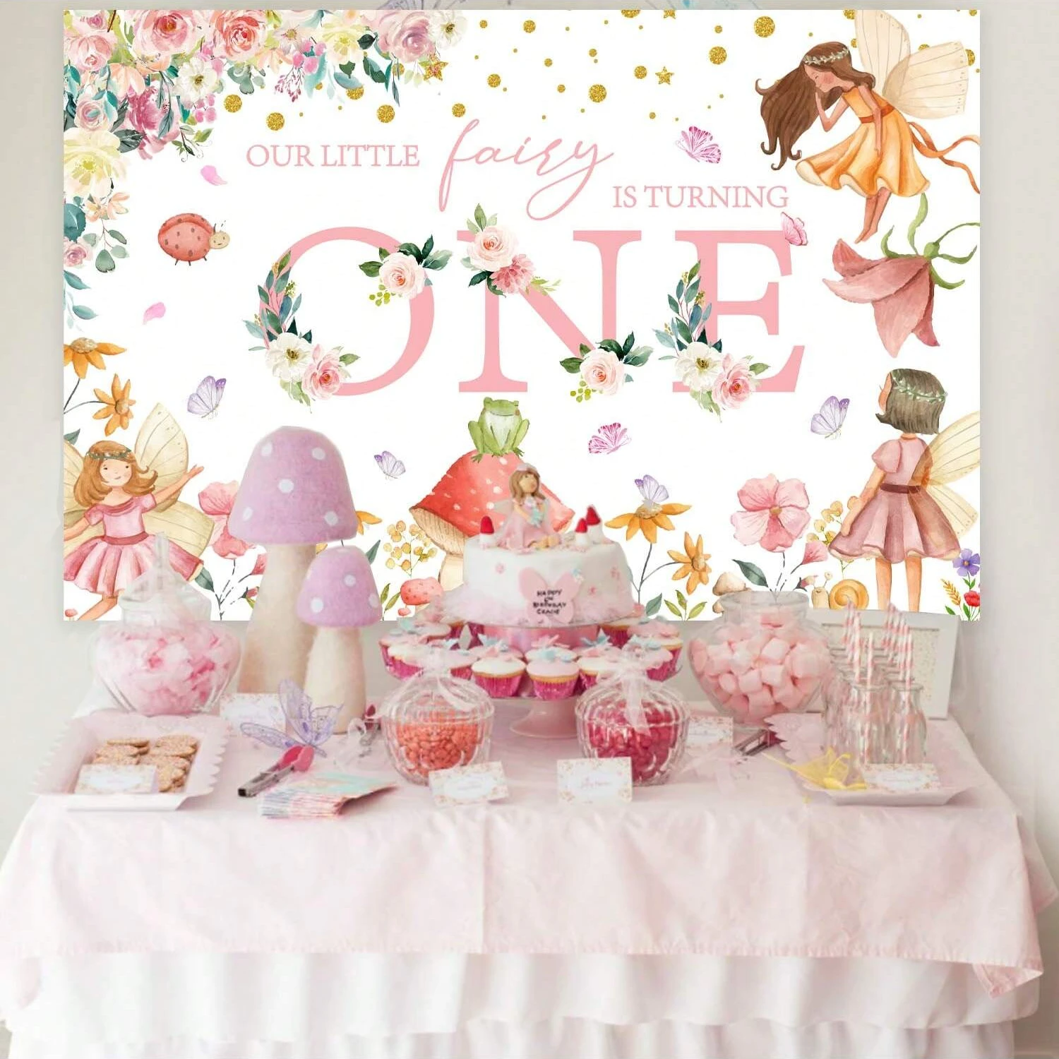 Forest Theme 1st Birthday Party Decorations, OUR LITTLE FAIRY IS TURING ONE Backdrop for Girls Birthday Party Supplies