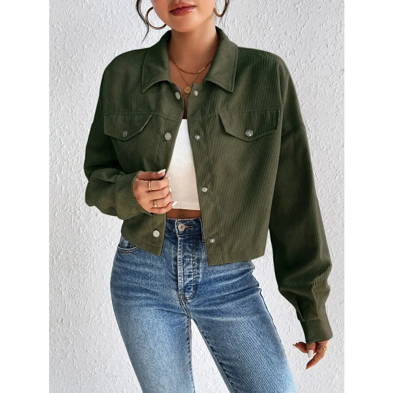 Slimming Short Zippered Cardigan Polo Collar Corduroy Coat Simple and Stylish Autumn Winter Cross-border European American Style