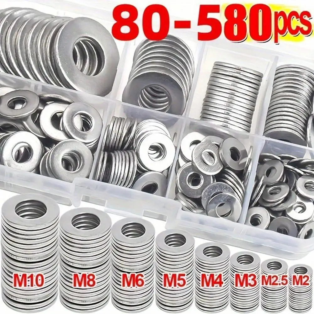 80-580PCS Stainless Steel Flat Washer Assortment Kit (M2, M2.5, M3, M4, M5, M6, M8, M10) for Home Decorations& Factory Repairs