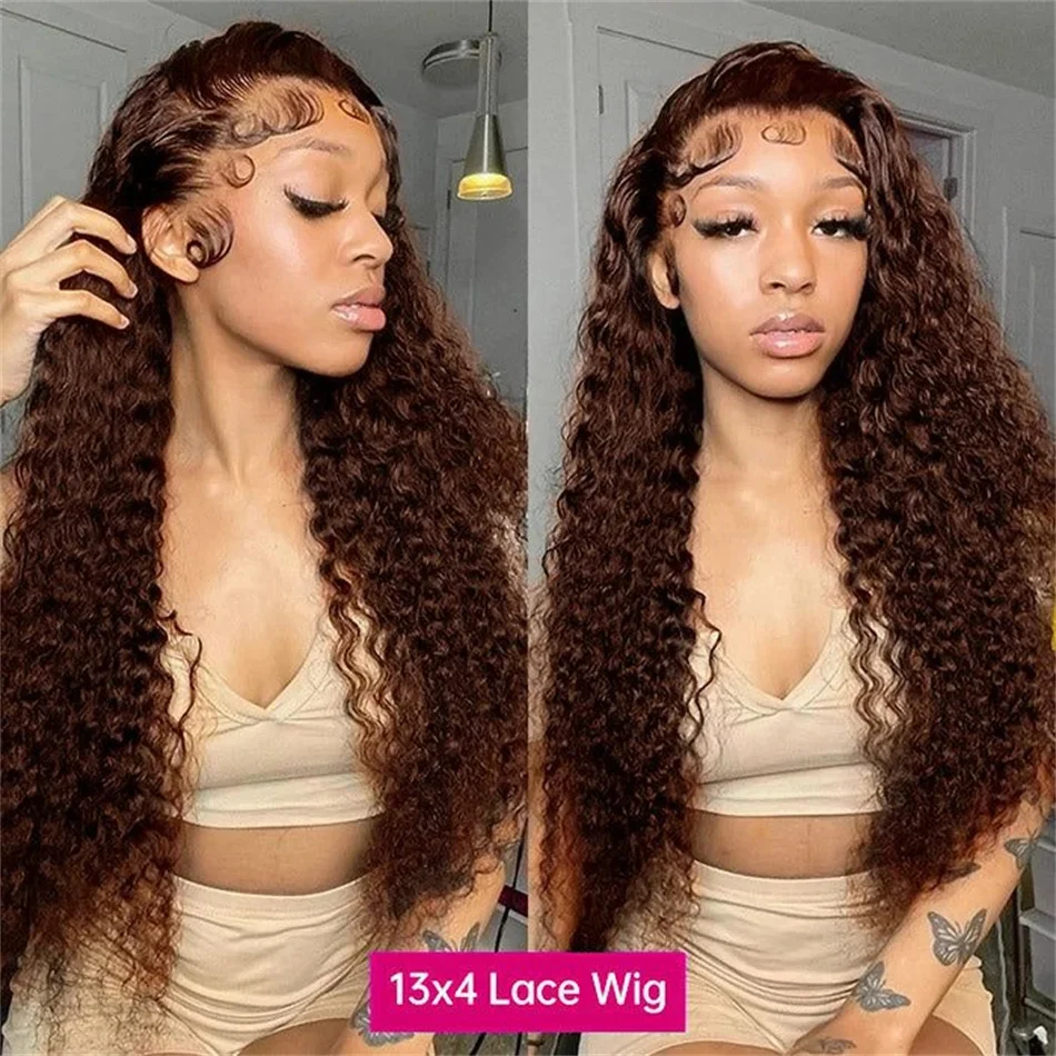 Deep Curly Chocolate Brown 13x4 Lace Front Human Hair Wigs For Women Pre Plucked Colored Deep Wave Lace Frontal 4x4 Closure Wig