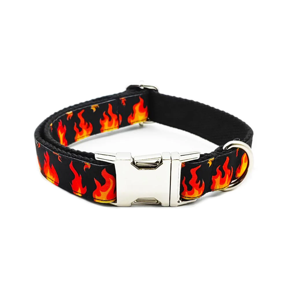 Personalized Fire Pattern Pet Collar Custom Puppy ID Tag Adjustable Cat Accessory Black Fire Basic Dog Collars Leash