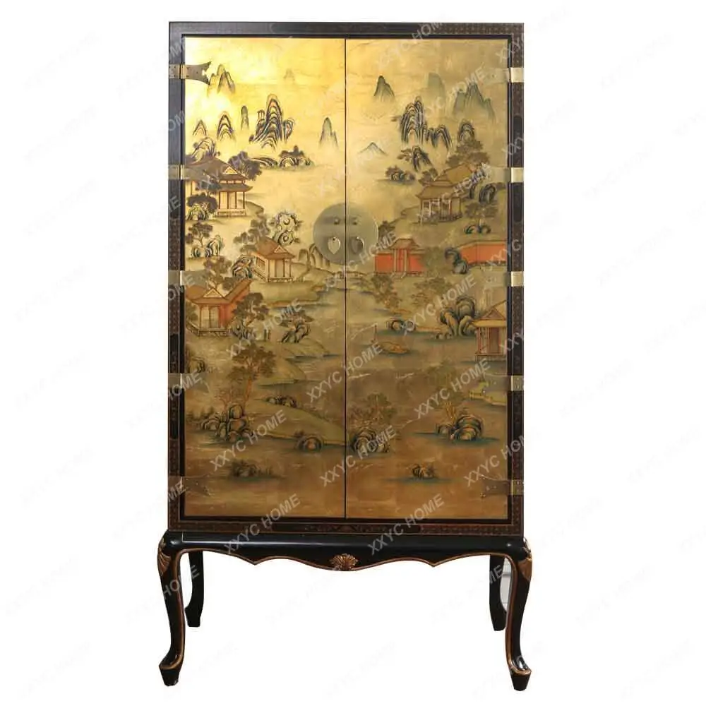 Solid wood antique gold foil hand-painted wardrobe painted furniture bedroom storage high cabinet