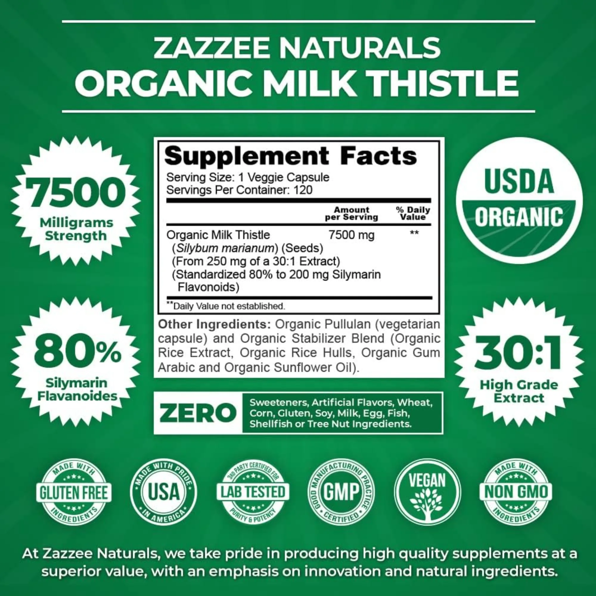 Organic Milk Thistle Extract 7500mg Capsules, Liver Digestive Health, Supports Liver Function, Antioxidant, Non-GMO, Vegetarian