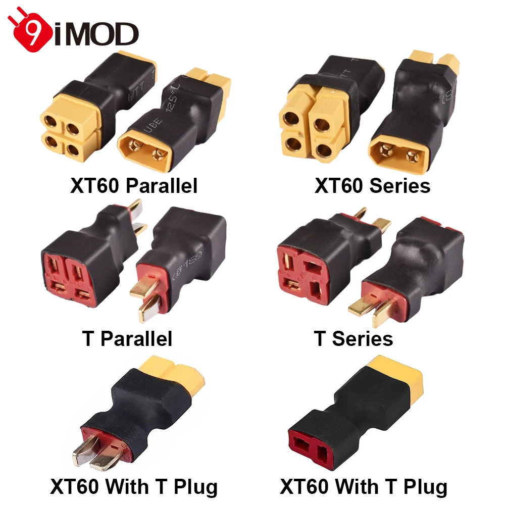 

9IMOD 1/2pcs XT60 T Parallel/Series Adapter Connectors No Wire 1 Female to 2 Male/1 Male to 2 Female Plug for RC Lipo Battery