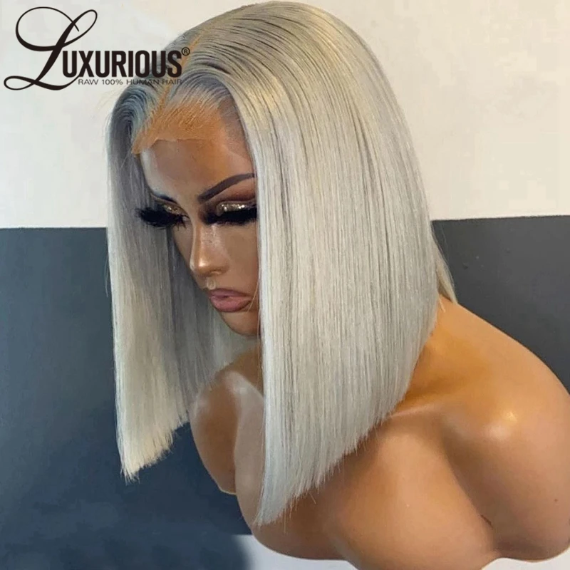 Silver Grey Short Bob Glueless Wigs 200 Density Remy Human Hair Transparent Platinum Blonde Color 13x4 Lace Front Wig Pixie Cut