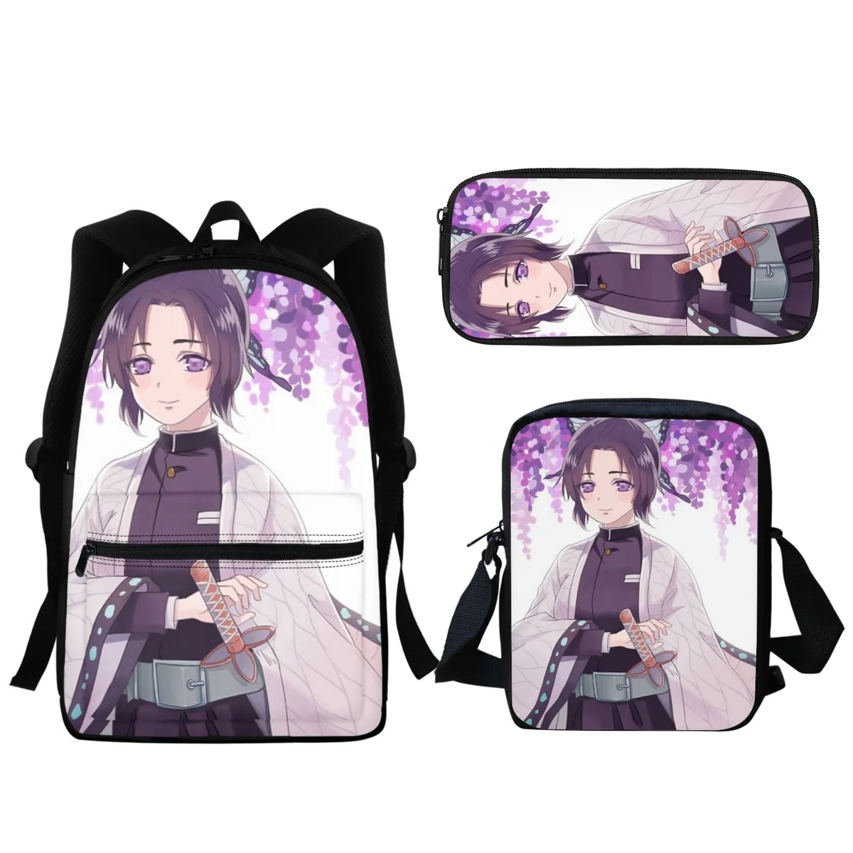 

3Pc Set Demon Slayer Anime Printing Girl Backpack Zipper Student School Bag Pencil Case Travel Small Shoulder Messenger Bags