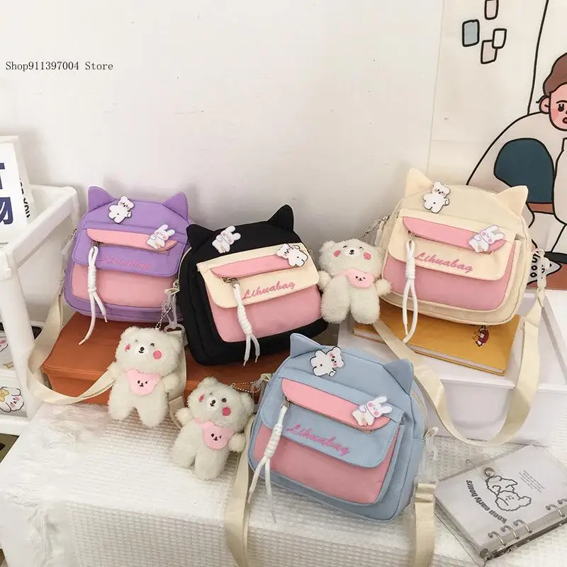 Canvas Cat Cute Little Bear Pendant Sweet Soft Girl Student Single Shoulder Crossbody Phone Storage Bag Female