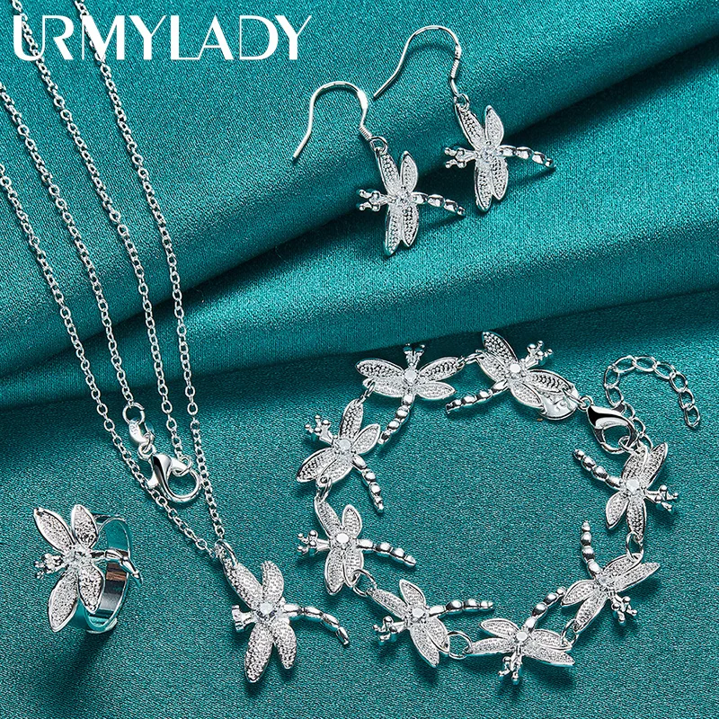 

URMYLADY 925 Sterling Silver Dragonfly Necklace Bracelet Earring Ring Jewelry Set For Women Wedding Party Fashion Charm Gift