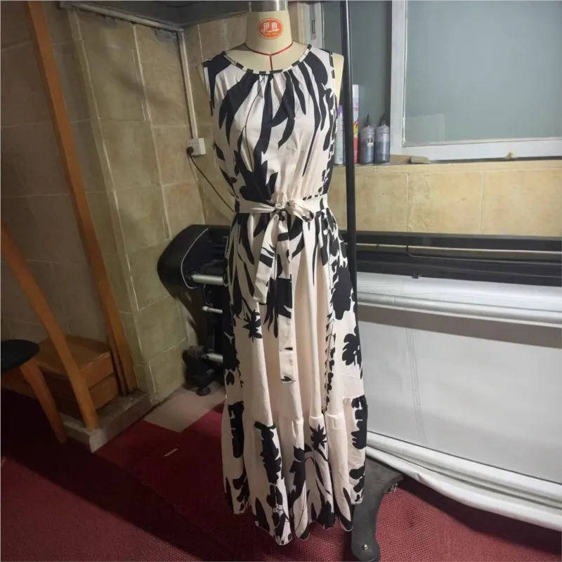 Estate Nuovo Gilet Vestito Moda Festa di Compleanno Elegante Donna Vestiti Senza Maniche Con Scollo A V Stampa A Vita Alta Abiti Lunghi 2025 Abiti