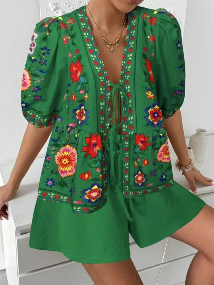 

Spice Girls Printed Short Sleeve Tie Cardigan High Waist Slim Ice Silk Breathable Commuter Vacation Two Piece Set