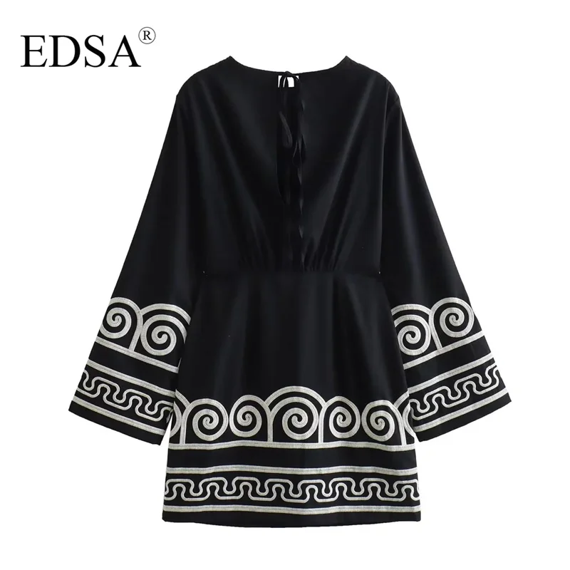 EDSA Women Black Embroidery Dress Long Sleeves High Waist A-Line Mini Dresses for Female Chic Streetwear