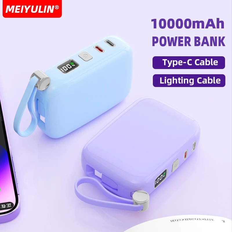 

10000mAh 22.5W Fast Charging Power Bank Built-in Type-C Cable Powerbank Portable USB C PD External Battery for iPhone 15 Samsung