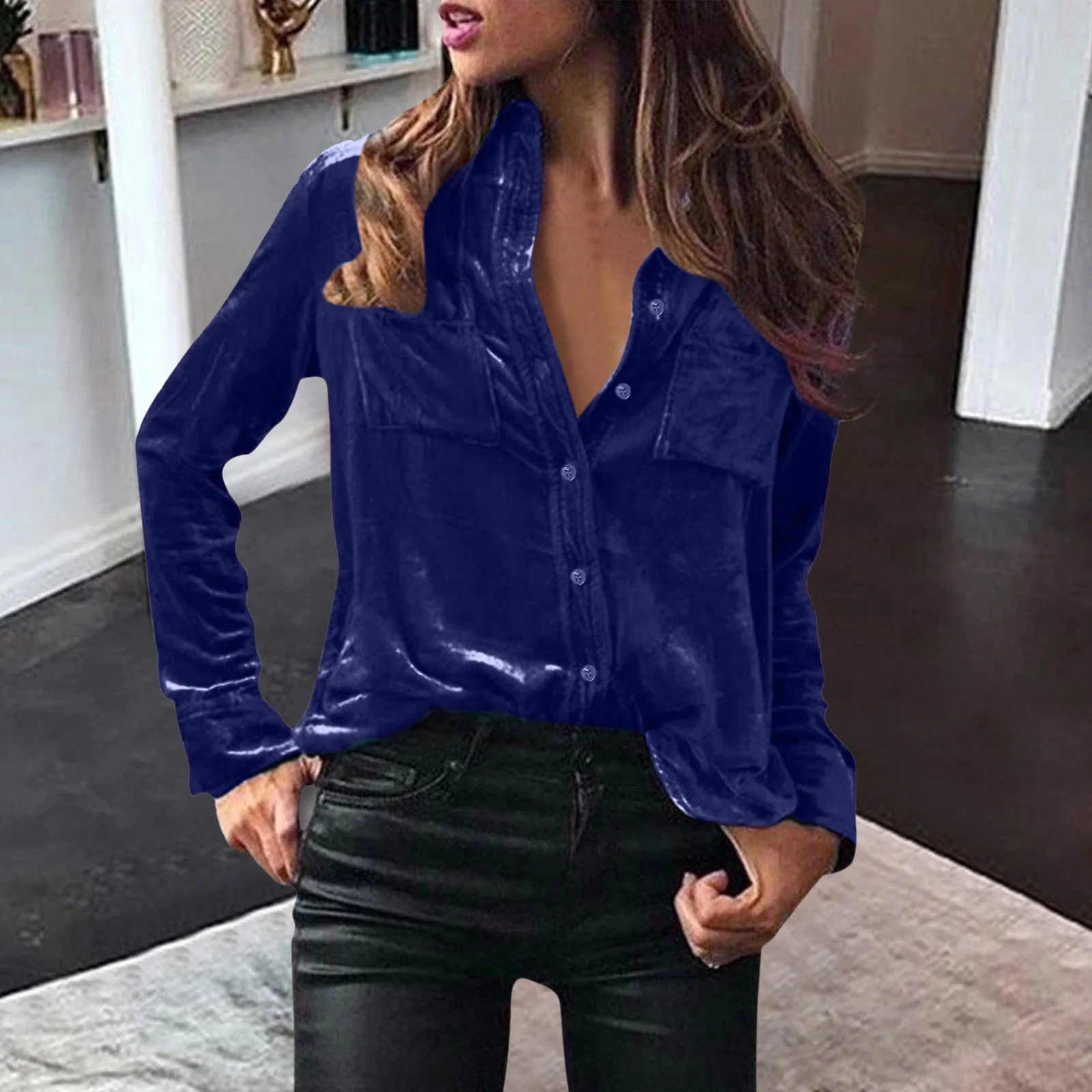 Fashion Velvet Buttons Blouse Shirt Casual Loose Pockets Tops Casual Spring Ladies Female Women Long Sleeve Blusas Pullovers