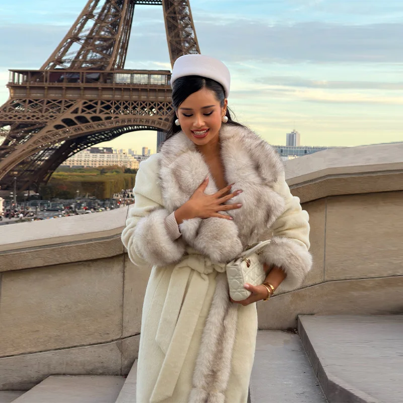 

Женское длинное роскошное пальто из искусственного меха в стиле ретро, шикарное свободное пальто с длинными рукавами и v-образным вырезом на шнуровке, новая женская верхняя одежда для поездок на работу