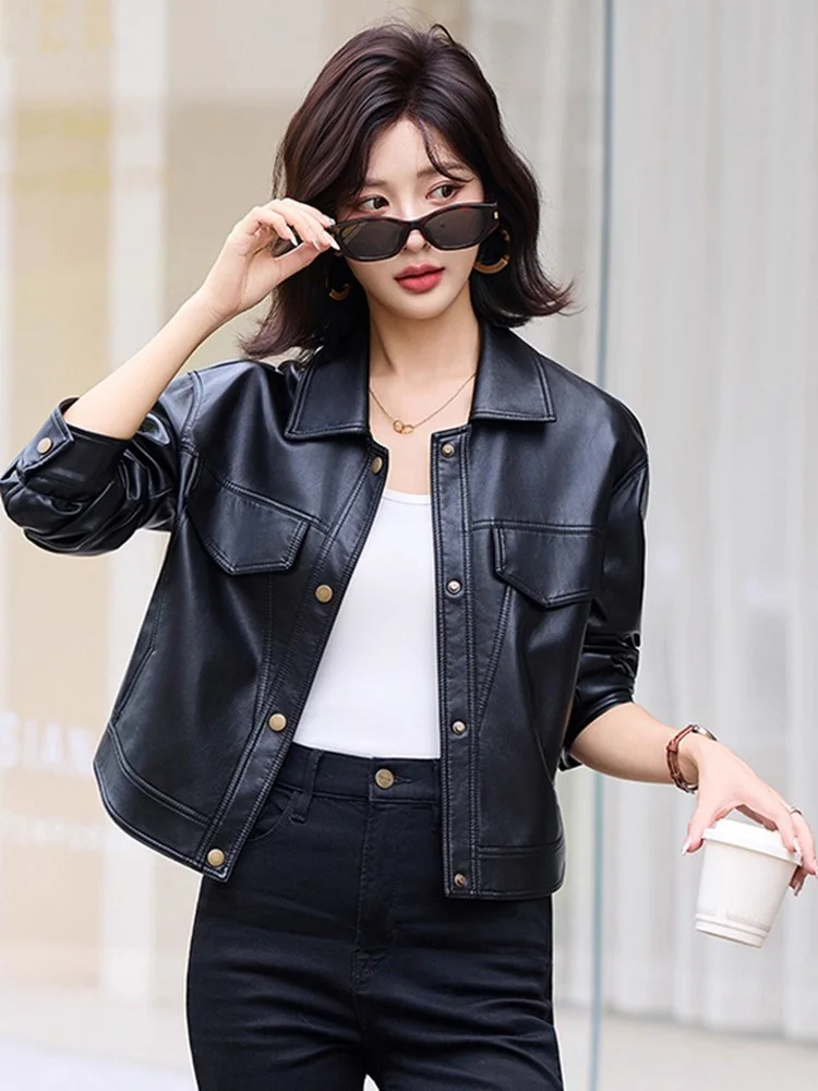 Nuovo Donne Primavera Autunno Pelle spaccata Giacca Moda Colletto risvoltato Monopetto Cappotto corto Casual Giacca di pelle Donna