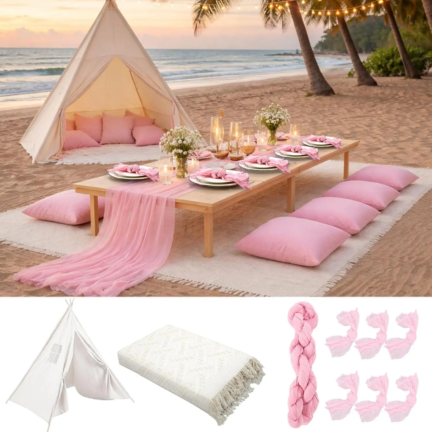 

71x87'' Huge Teepee Tent with 91x71'' Extra Large Outdoor Boho Picnic Blanket Table Runner 6 Napkins Woven Cotton Yarn Oversized