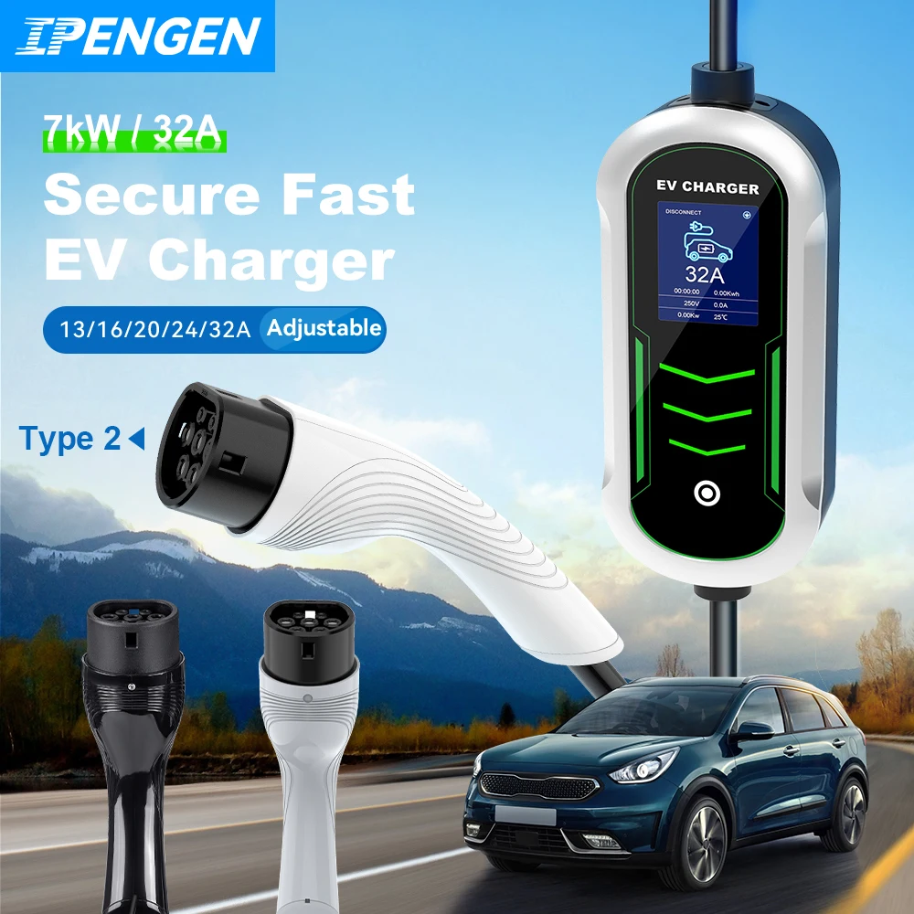 IPENGEN Portable EV Charger Type2 IEC62196 7KW CEE Plug 32A Adjustable Current Fast Charging Controller Box Electric Vehicle Car