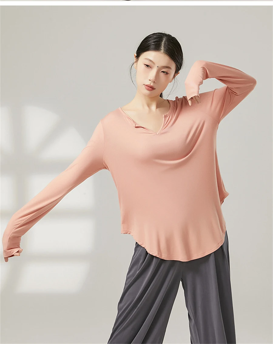 Damen Yoga-Shirt V-Ausschnitt Langarm Modern Dance Top Atmungsaktive Klassische Hip-Hop-Latin-Trainingsbluse Tanz-Überziehshirt – Detail 3
