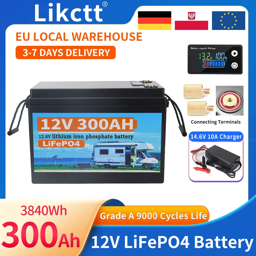 

12 В 300 Ач LiFePo4 Батарея Встроенные литий-железо-фосфатные элементы BMS 9000 циклов для кемперов на колесах Гольф-каров Солнечная акция ЕС Налог бесплатно