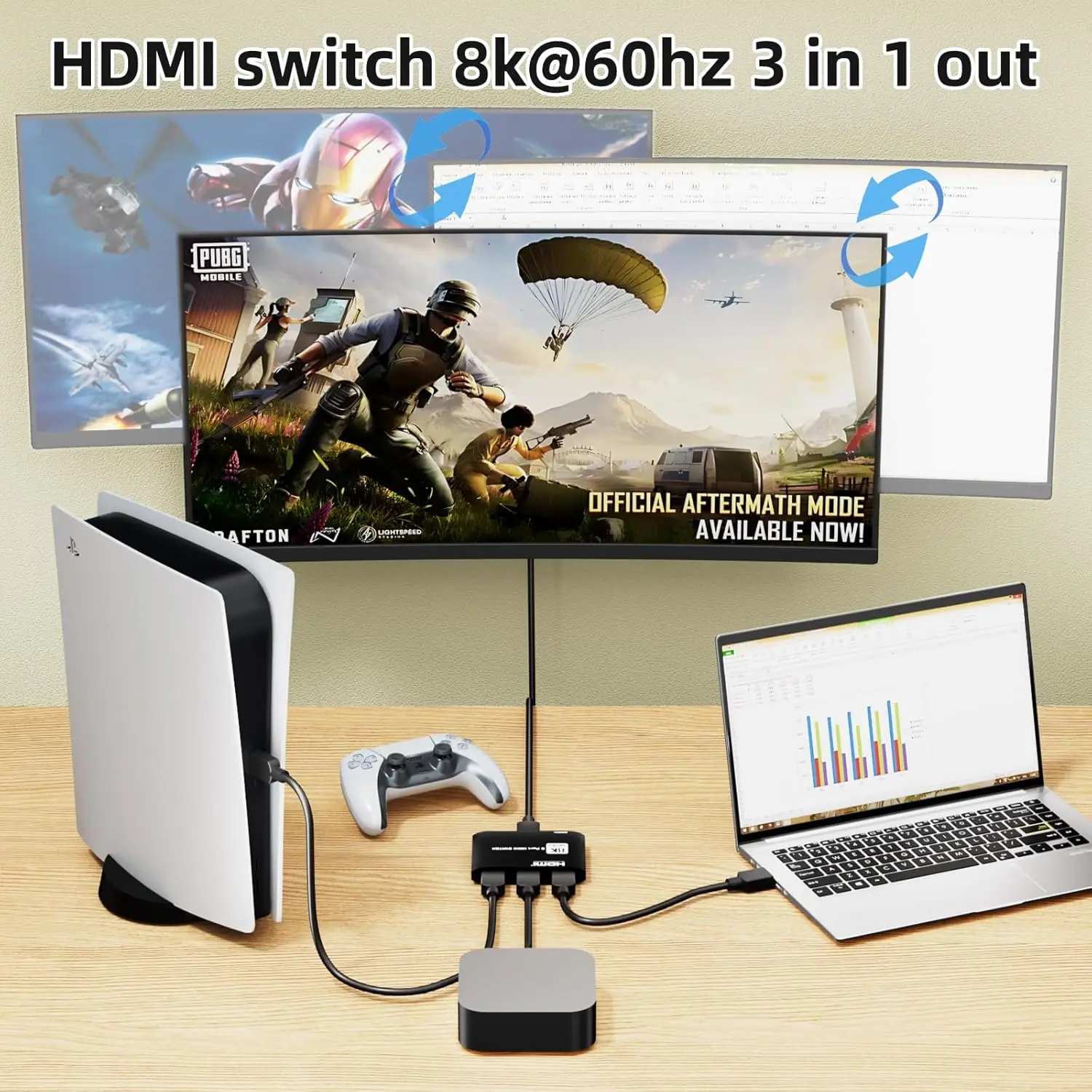 HDMI 2.1 Switch 3 in 1 Out 8K60Hz 48Gbps VRR Dynamic HDR for PS5 Xbox Series X Apple TV 8K