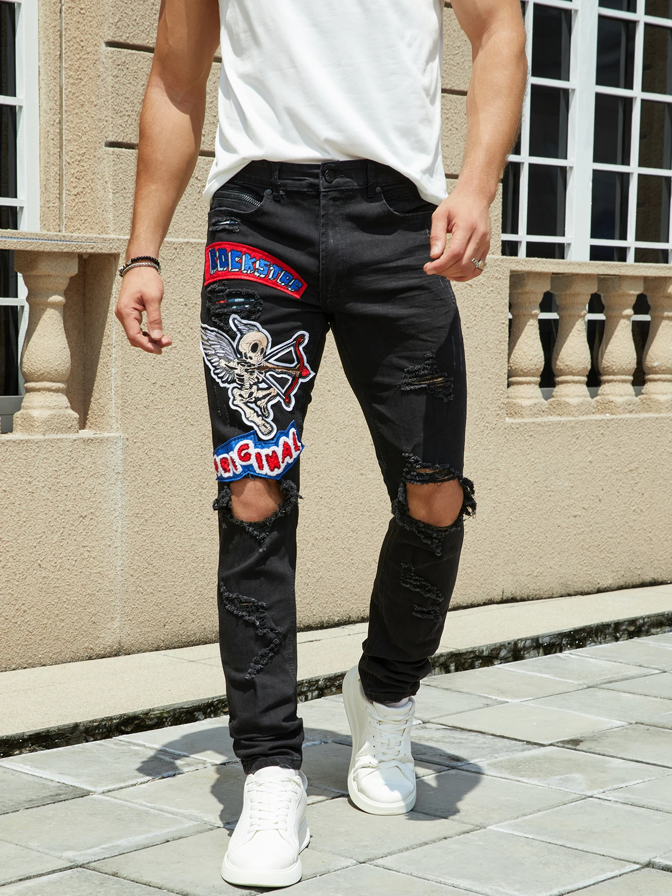 Men's Denim Stretch Pants, Embroidered Motif, Knee Holes, Fashion Cat Crinkle Wash, Slim-Fit Style, Street Rock-200 BLACK