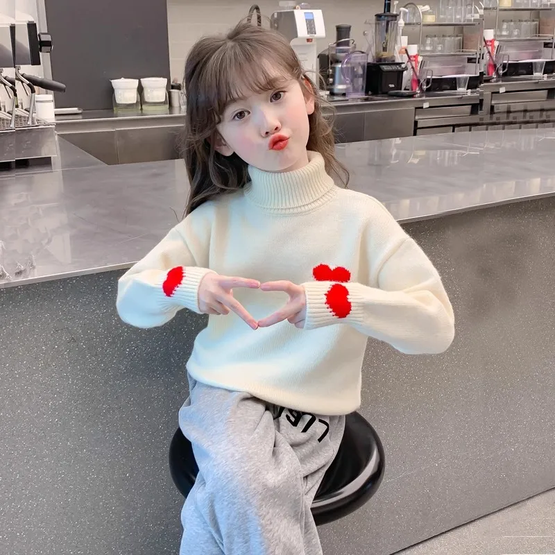 Girls' High Neck Velvet Winter Collection Children's Love Knitted Top Girls' Winter Thick Base Knitted Sweater
