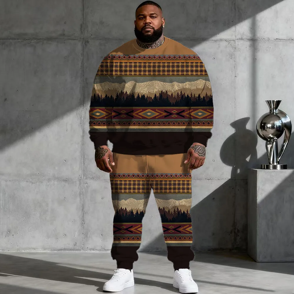 

S-9xl plus size Big & Tall Hoodie Set with Ethnic Vibe - 2-Piece Trendy-Folk, Breathable Material, Retro Tribal Designs