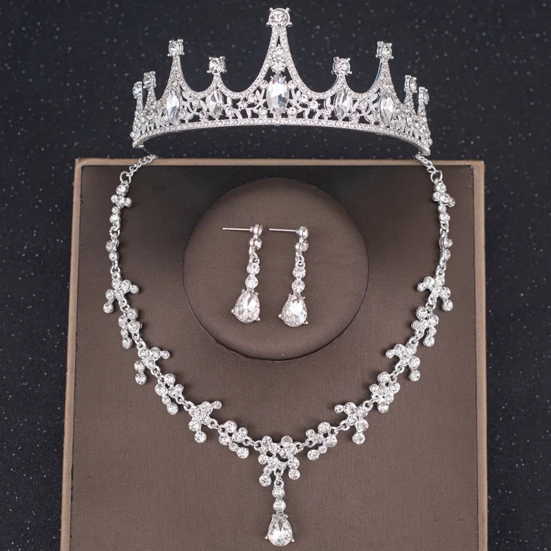 3Pcs Crystal Crown Necklace Earring Set Rhinestone Bridal Jewelry Set Women Bridal Wedding Hair Accessories Jewelry Crown Tiara