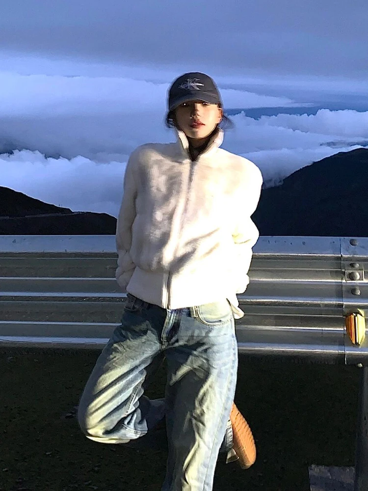 

2025 New High Collar Moccasin Color Blo Thiened Eco Fur ort Jaet Faionable Top College Sle Zipper Closure Long Sl...