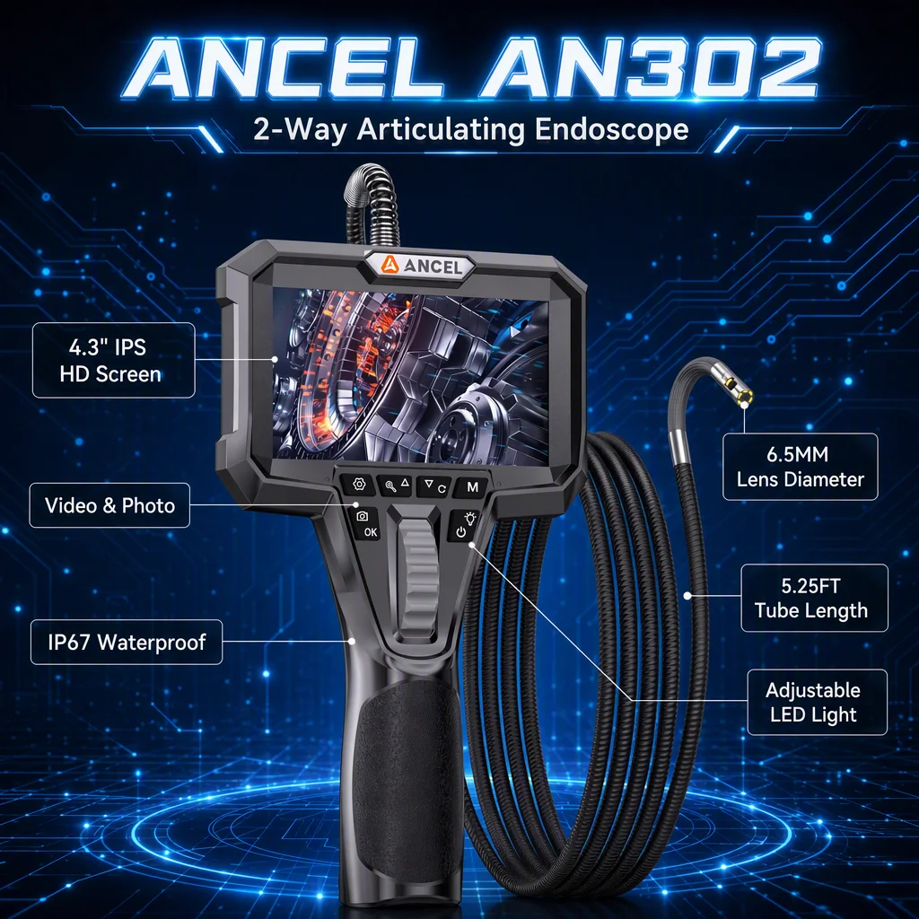ANCEL AN302 2-Wege-Gelenkendoskop-Kamera mit 7 LED-Leuchten, Industrielles Endoskop-Inspektionskamera mit 6,5 mm Front- und Seitenkamera