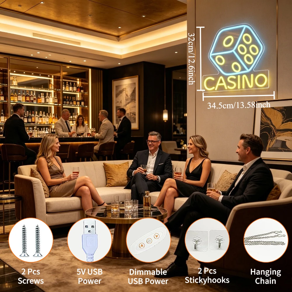 Casino Dice Neon Sign LED Wall Light USB Dimmable for Gameroom Man Cave Bar Club KTV Arcade Billiard Room Party Wall Decor Gift
