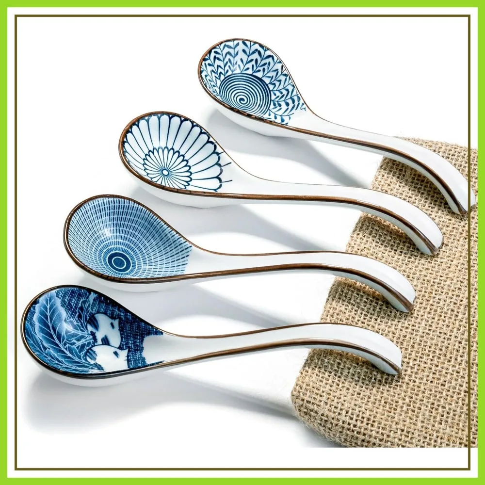 

Ceramic Soup Spoons for Ramen, Pho, Wonton - Long Handle, Non-Slip, Dishwasher Safe, 6.5 Inch