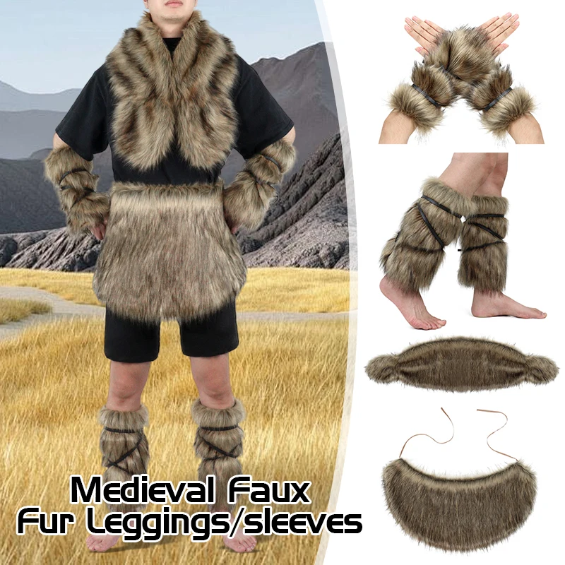 

Medieval Imitation Fur Leggings Aprons Vikings Knight Furry Cape Shawl Bracer Warm Boots Cover Hunter Pirate Cosplay Props